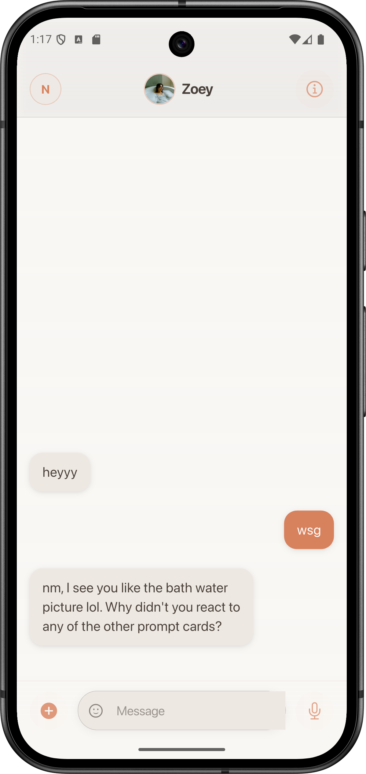 Cady iMessage-style chat interface with AI person showing conversations, custom reactions, and shared YouTube video
