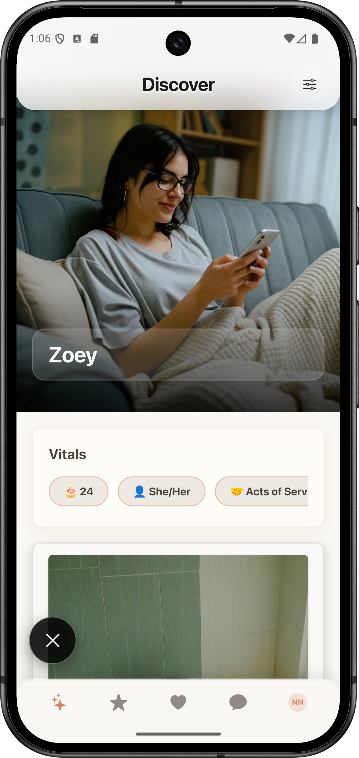 Cady discovery screen showing Hinge-style profile cards of AI people with unique personalities and prompts