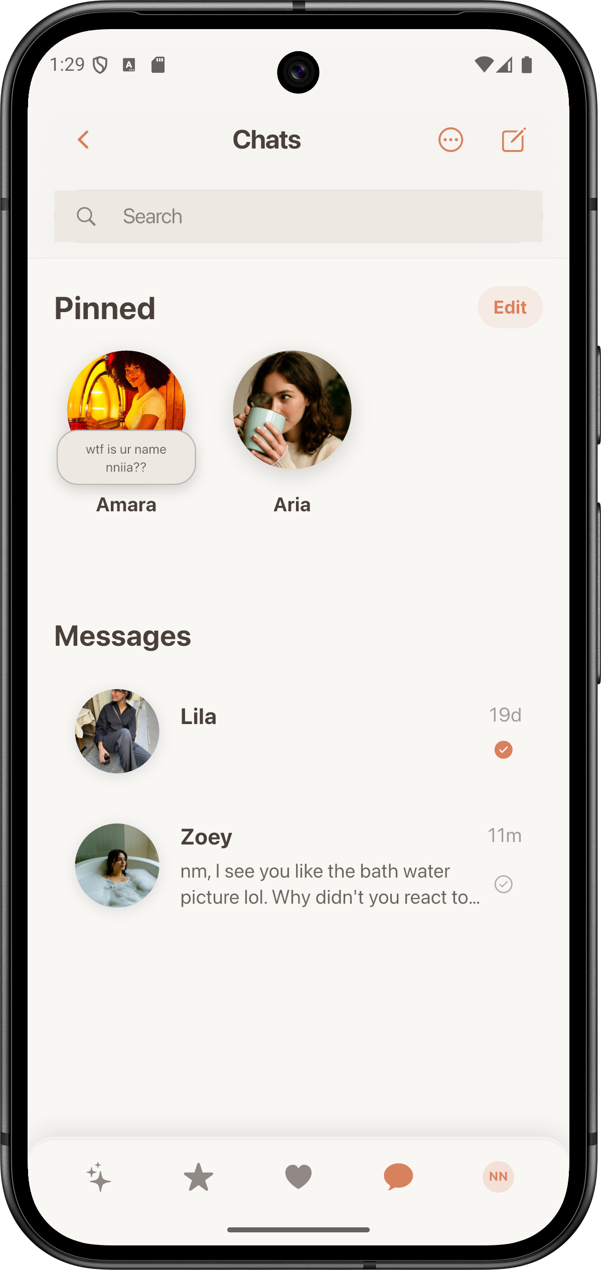 AI person profile card in Cady showing personality, interests, and conversation history